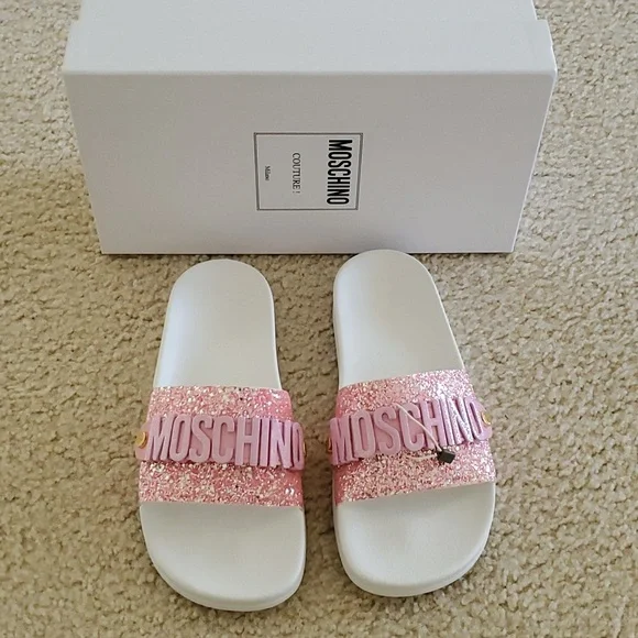 Moschino Shoes Moschino Womens Pink Glitter Pool Slides